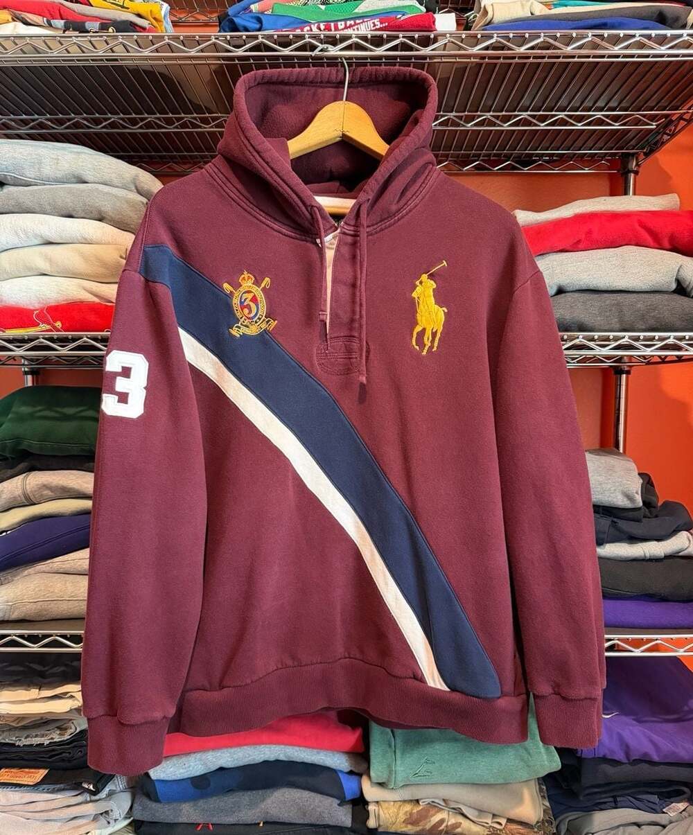 Polo Ralph Lauren Big Pony Fleece Rugby Hoodie Mens XXL Burgundy 3 patch crest